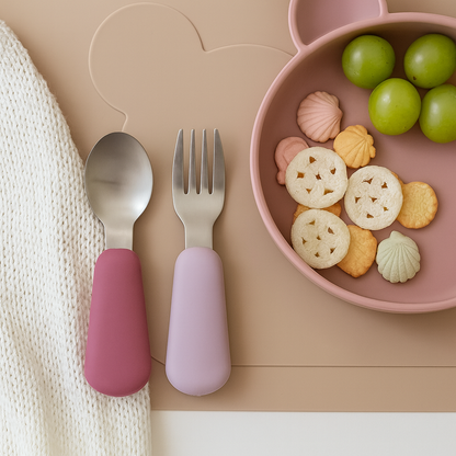 Set de Cuchara y Tenedor de Acero con Mango de Silicona - Lavanda